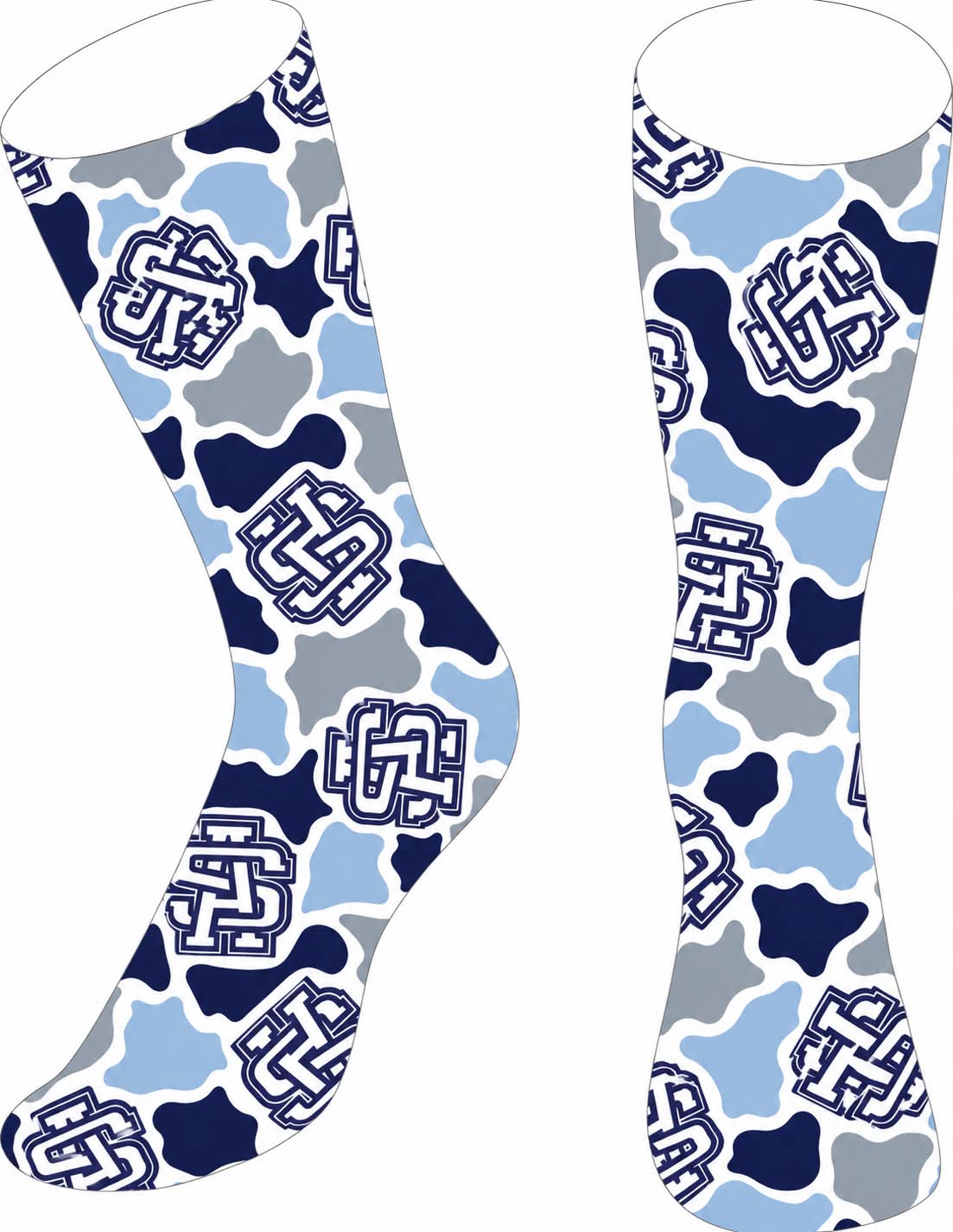 Ascension Select Camo Socks in an all-over navy, light blue and grey camo print with repeating interlocking AS logo