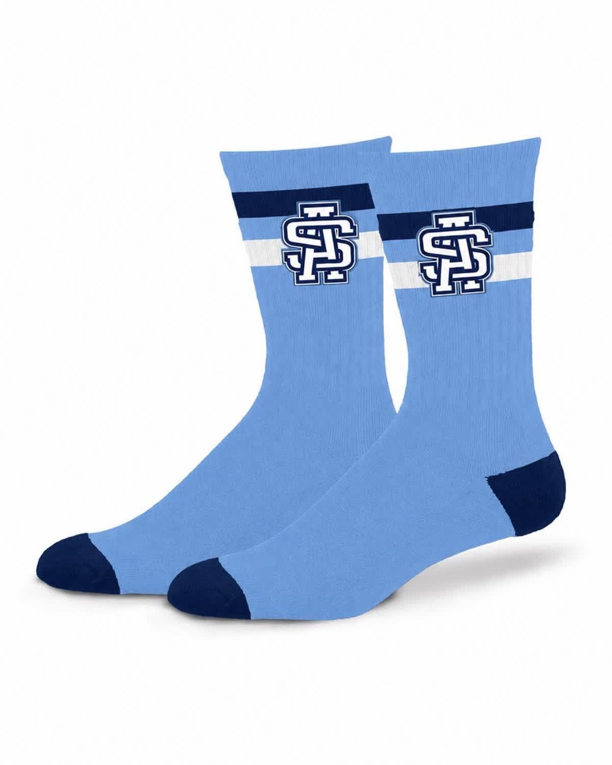 Ascension Select Stripe Socks in light blue with navy and white striping, navy toe and heel, and the interlocking AS logo