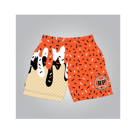 Orange BP baseball logo drip athletic shorts