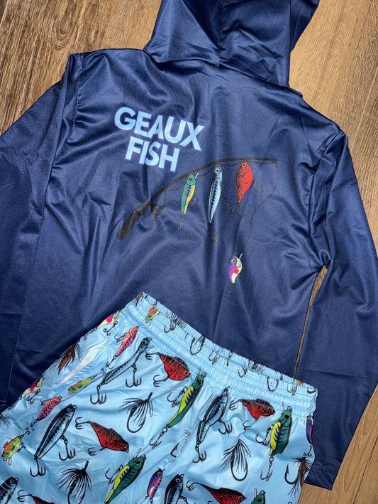 GEAUX FISH navy LS hooded shirt