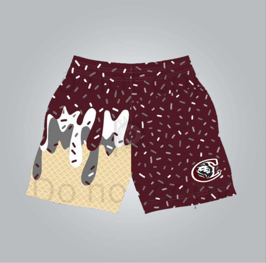 CCA maroon drip shorts