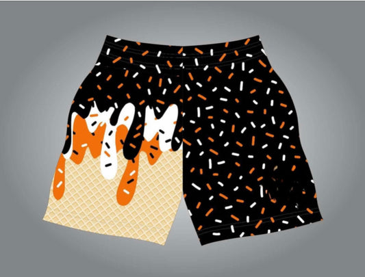 Black-white-orange drip shorts