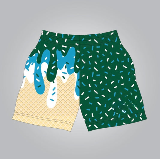Green-teal-white drip athletic shorts