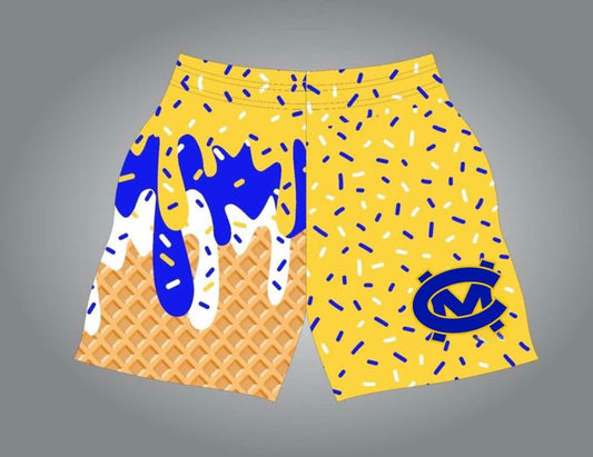 CM yellow with blue shorts