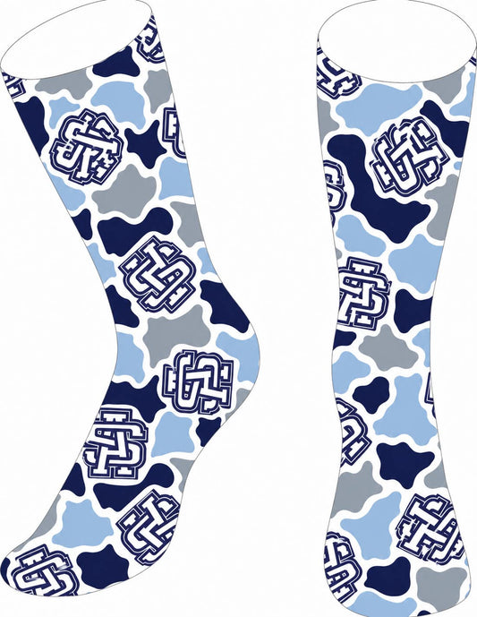 Ascension Select Camo Socks in an all-over navy, light blue and grey camo print with repeating interlocking AS logo