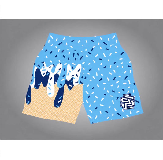 Ascension Select Ice Cream Boy Shorts in light blue with navy and white sprinkle drip print over a waffle cone base and interlocking AS logo