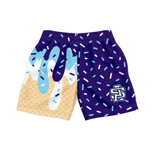 Ascension Select Ice Cream Boy Shorts in navy with light blue and white sprinkle drip print over a waffle cone base and interlocking AS logo