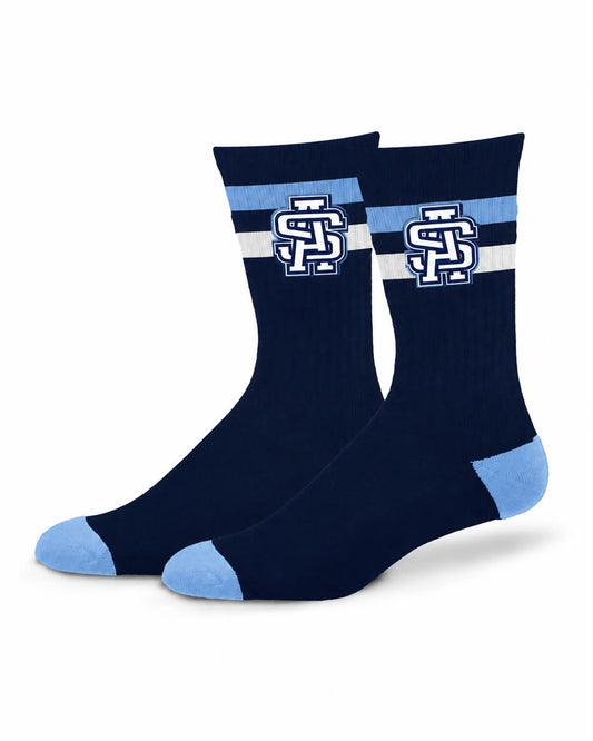 Ascension Select Stripe Socks in navy with light blue and white striping, light blue toe and heel, and the interlocking AS logo